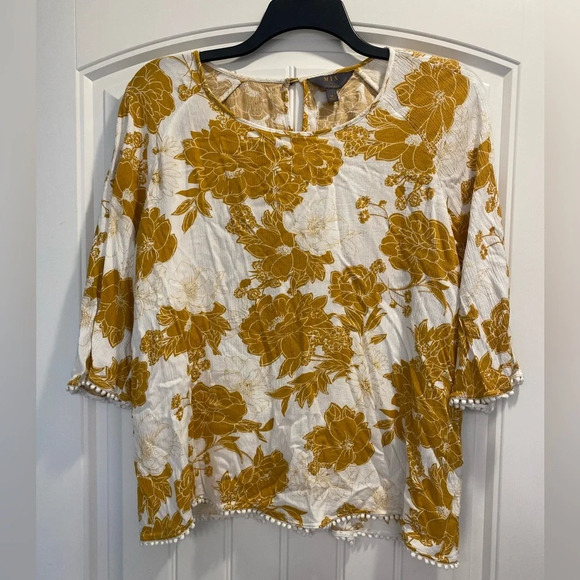 Mix by 41 Hawthorn Yellow white floral print 1x plus size blouse top - Picture 1 of 6